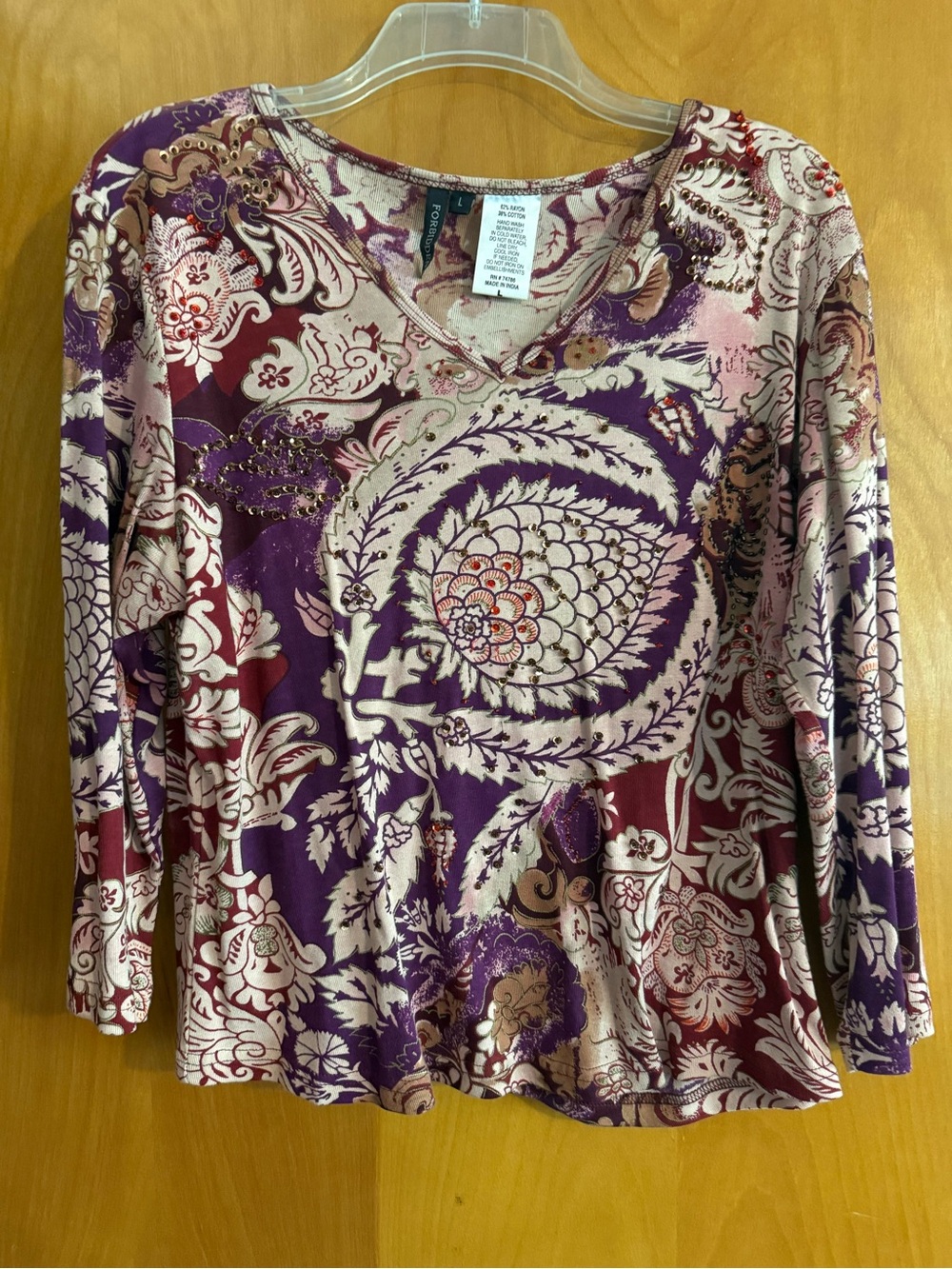 Women’s V-Neck Sequined Long Sleeve Printed Top - Purple Floral